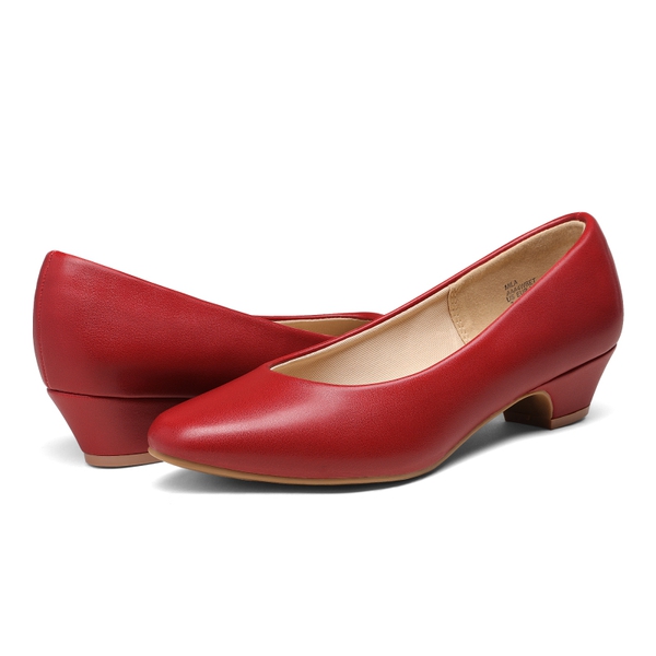 Low Heel Chunky Pump Shoes - RED PU - 3